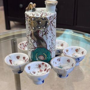 Vintage Japanese Sake Set 7pc Hand Painted Porcelain Moriage Gold Cups Tokkuri